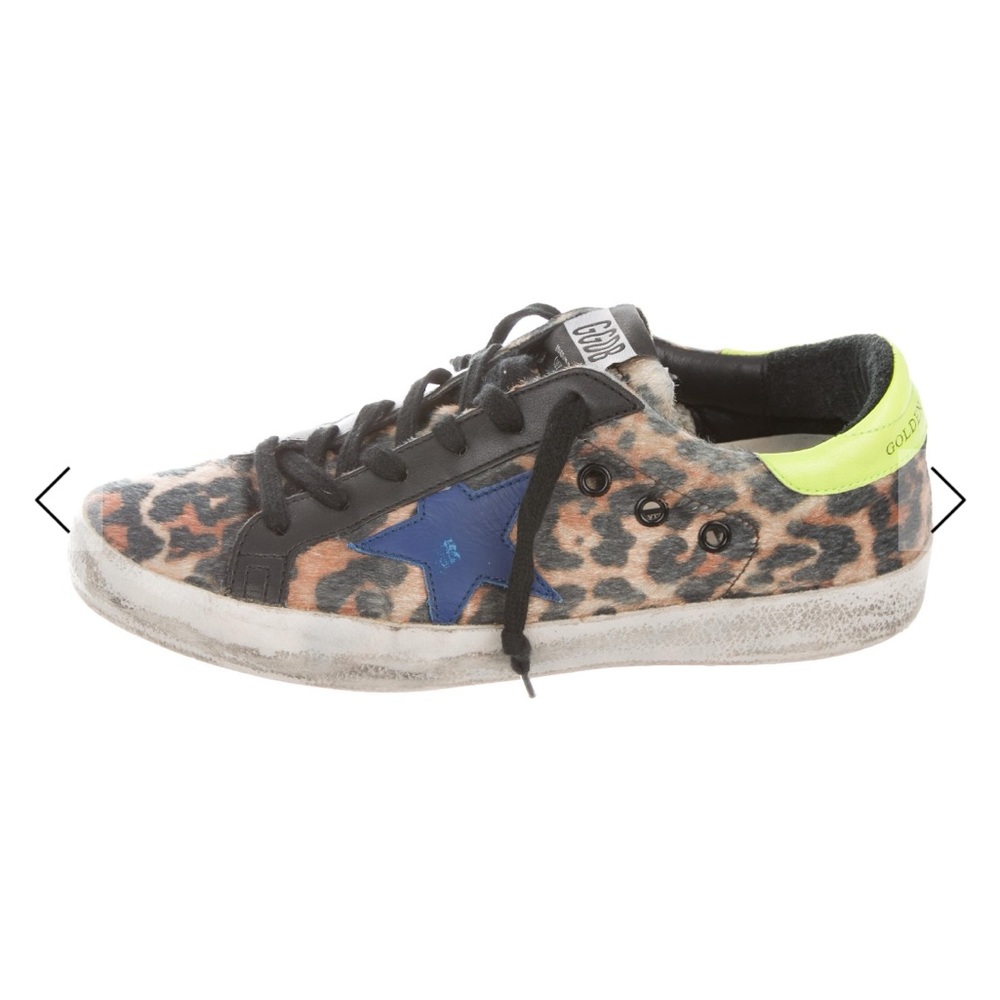 Golden Goose Leopard Print Sneakers with Blue Star and Neon Accents